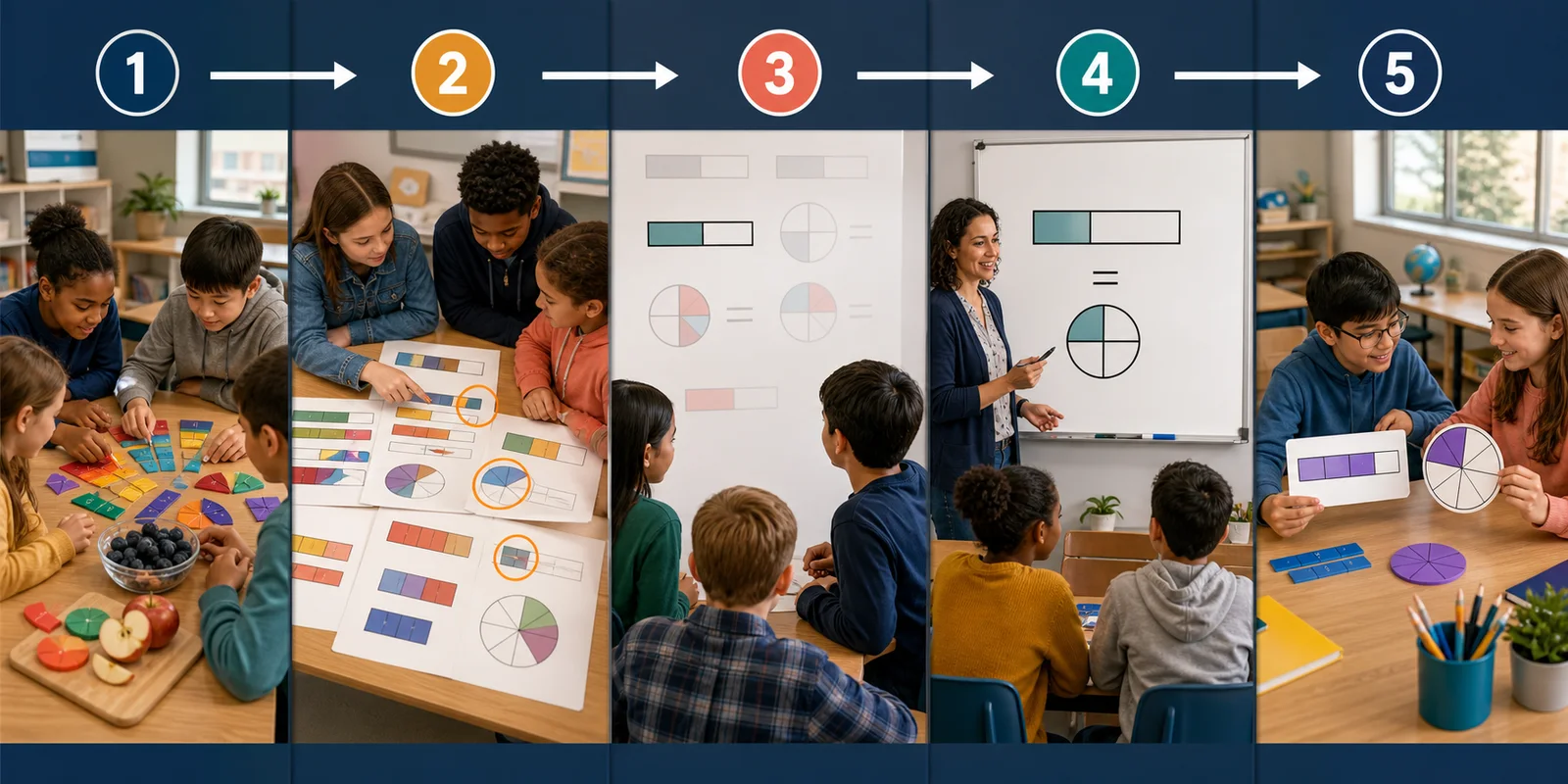 Five-stage classroom sequence from concrete examples through pattern finding and a general rule to a new application
