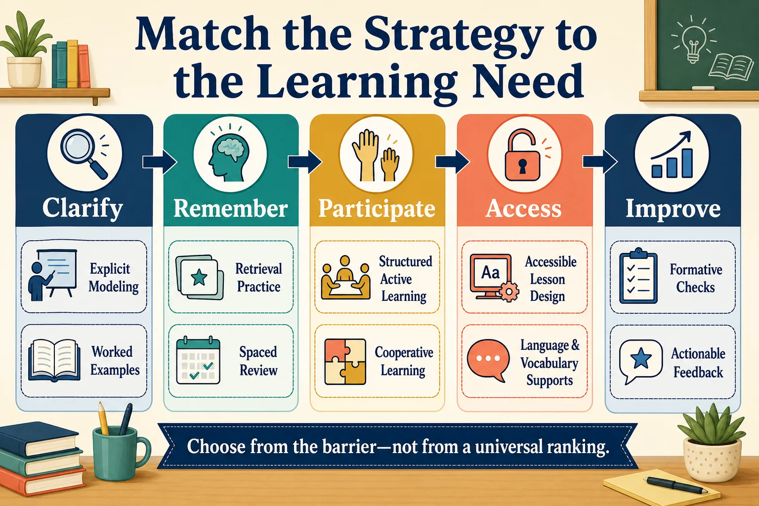 Five-column teaching strategy map matching learning needs to modeling, worked examples, retrieval, spaced review, active learning, cooperation, accessibility, language support, formative checks, and feedback