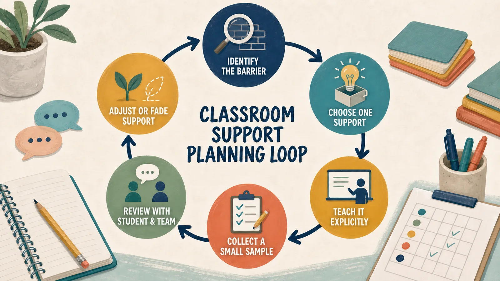 Six-stage classroom support planning loop from identifying a barrier through reviewing and adjusting support