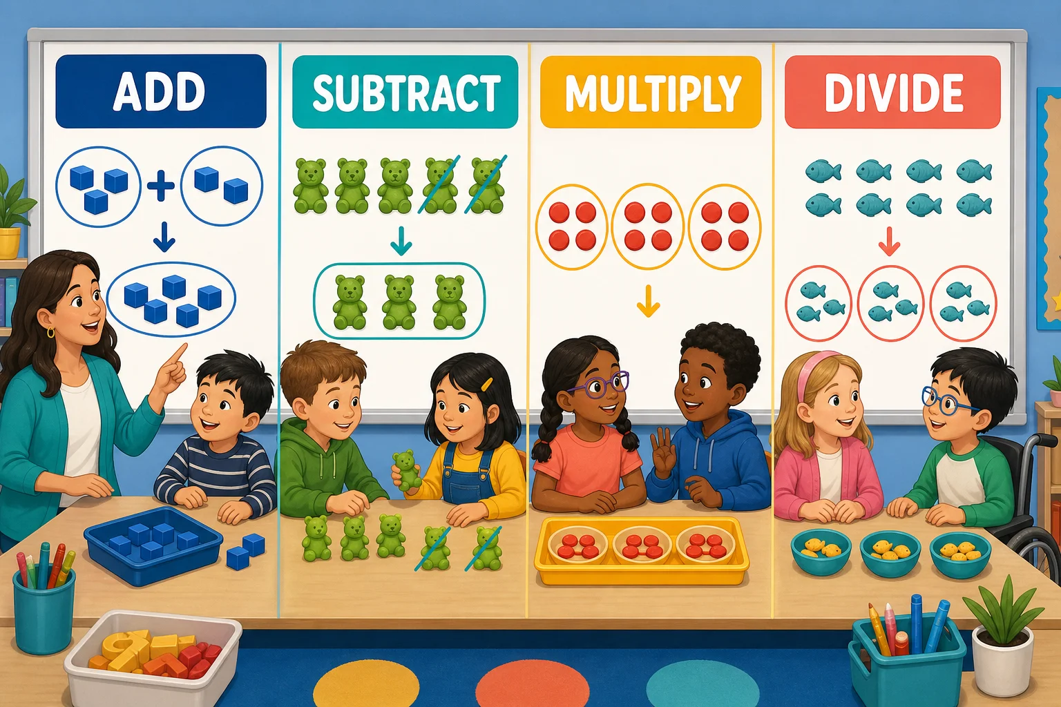 Classroom comparison of addition, subtraction, multiplication, and division using visual groups