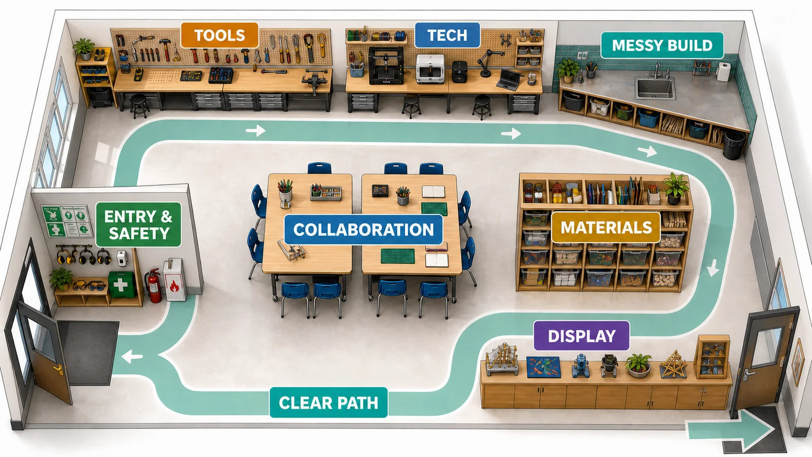 Example classroom maker-space layout with safety, tools, technology, messy build, collaboration, materials, display, and clear-path zones